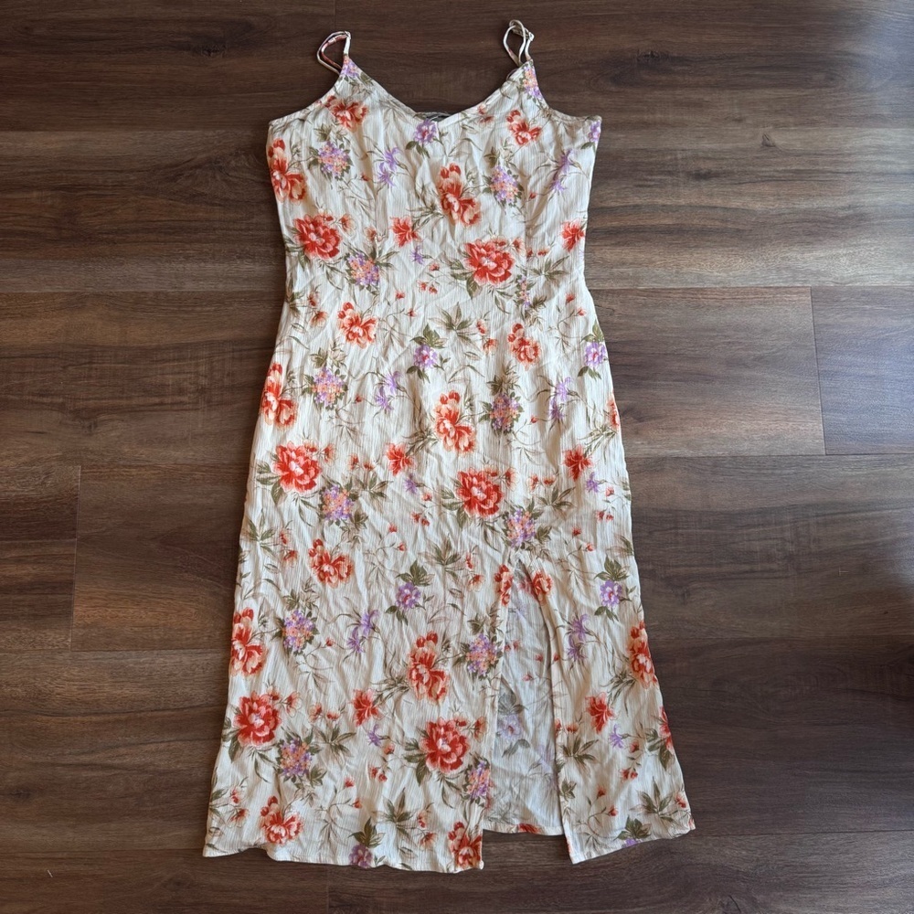 American Eagle Floral Midi Dress (M) Spaghetti Strap Front Slit Cottagecore Boho - Picture 2 of 7